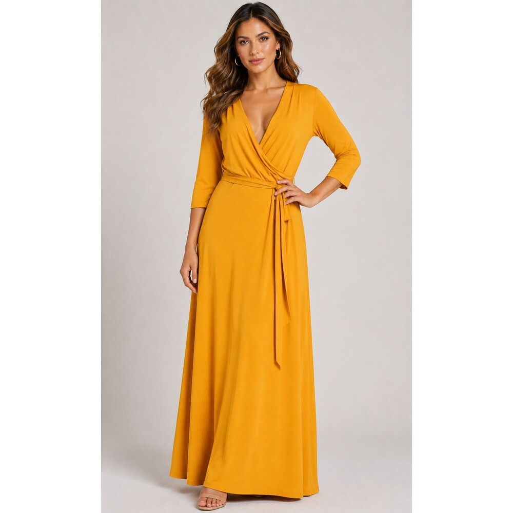 New York & Company Faux Wrap Maxi Dress Mustard Yellow 3/4" Sleeve Tie Waist Med